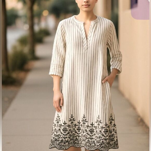 Seafolly Australia cotton linen Striped dress with Embroidered Hem medium - Picture 2 of 10